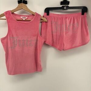 Juicy Couture Medium Pink Salmon Velour Rhinestone Logo Pajama Set Tank & Shorts